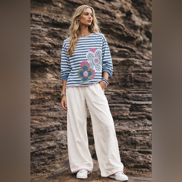 Boho Striped Floral Patch Top Oversized Ice Blue White Raw Edge Hand Stitch M/L - Picture 3 of 12